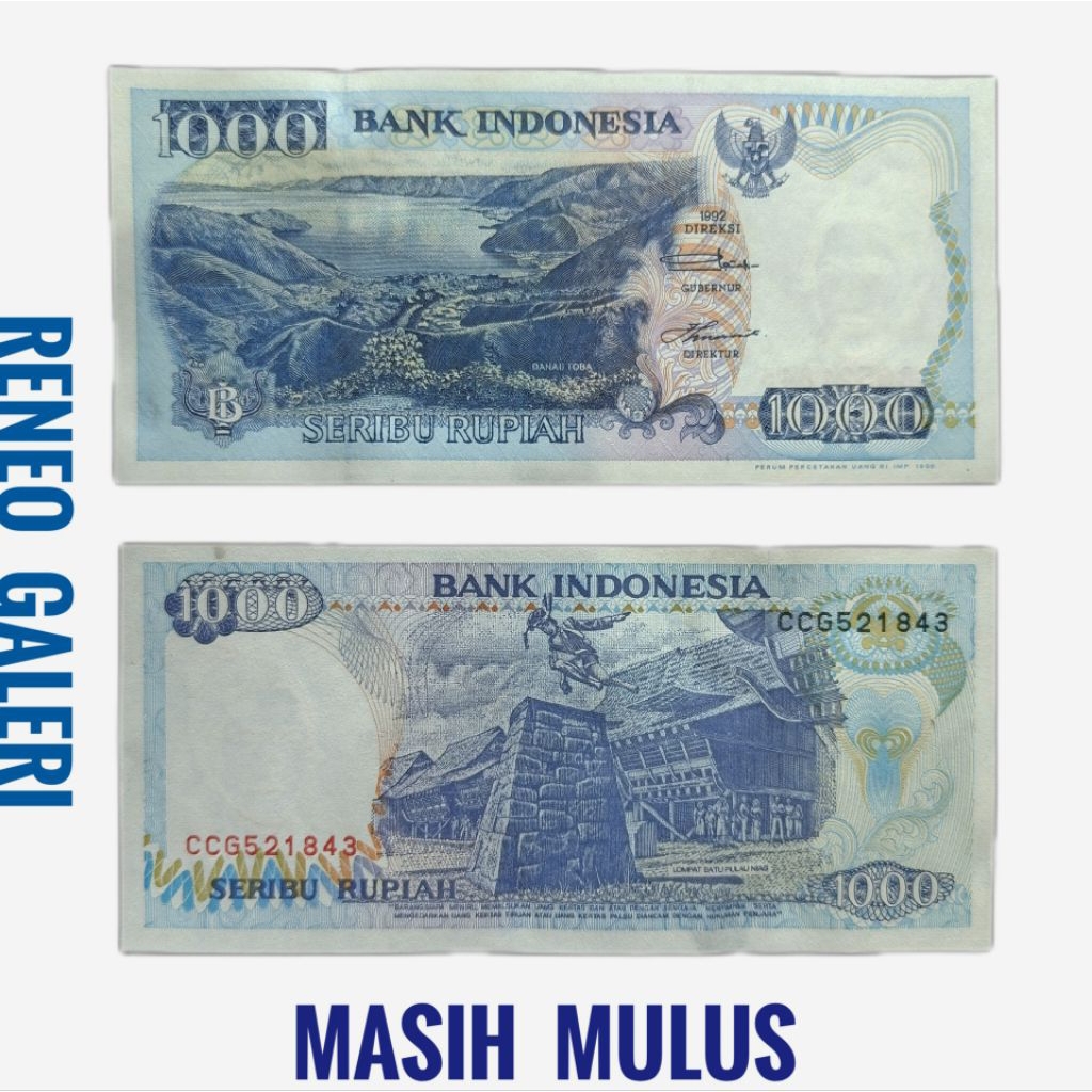 Mulus Asli 1000 Rupiah Tahun 1992 Lompat batu nias danau toba Rp 1.000 Uang kertas Kuno original