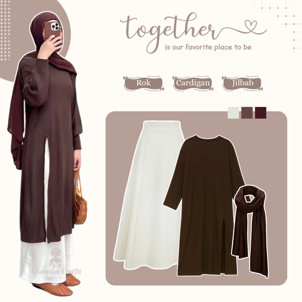 Setelan Outfit Lebaran Remaja ( Tunik Rajut - Rok Polos - Pashmina ) OOTD Mahagany Kekinian GO32N