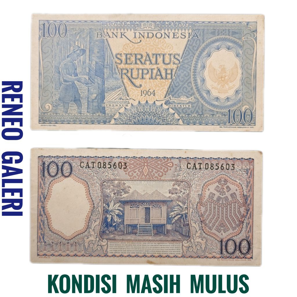 Mulus asli Rp 100 Rupiah Seri Pekerja Biru Tahun 1964 uang kertas Kuno duit jadul lawas lama antik k