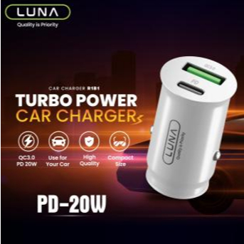 LUNA Car Adapter TURBO CHARGER Output (2 port) • Type C PD20W • USB A QC3.0 Input : 12 – 24V Compact