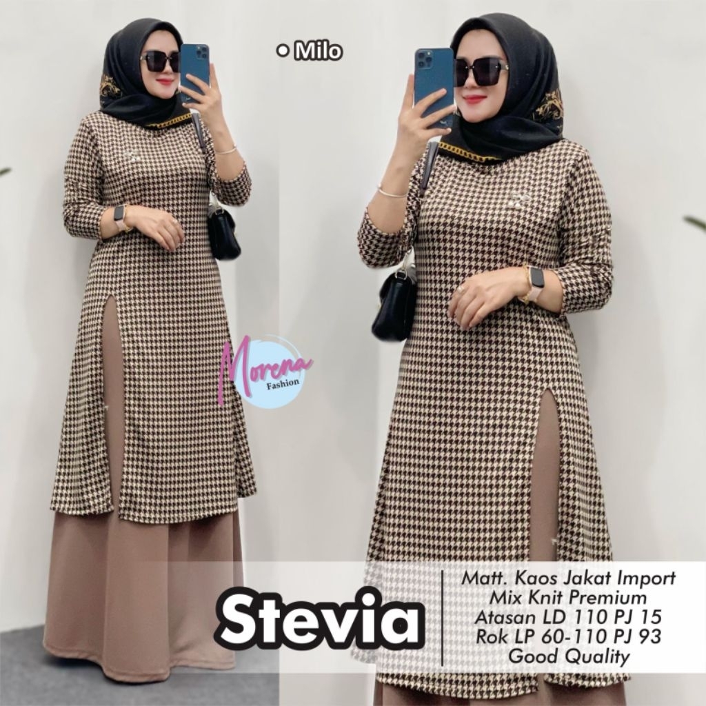 STEVIA SETCEL LONG TUNIK ELEGAN/ONE SET BAJU WANITA CASUAL/KAOS JAKAT IMPORT MIX KNIT PREMIUM/LD 120