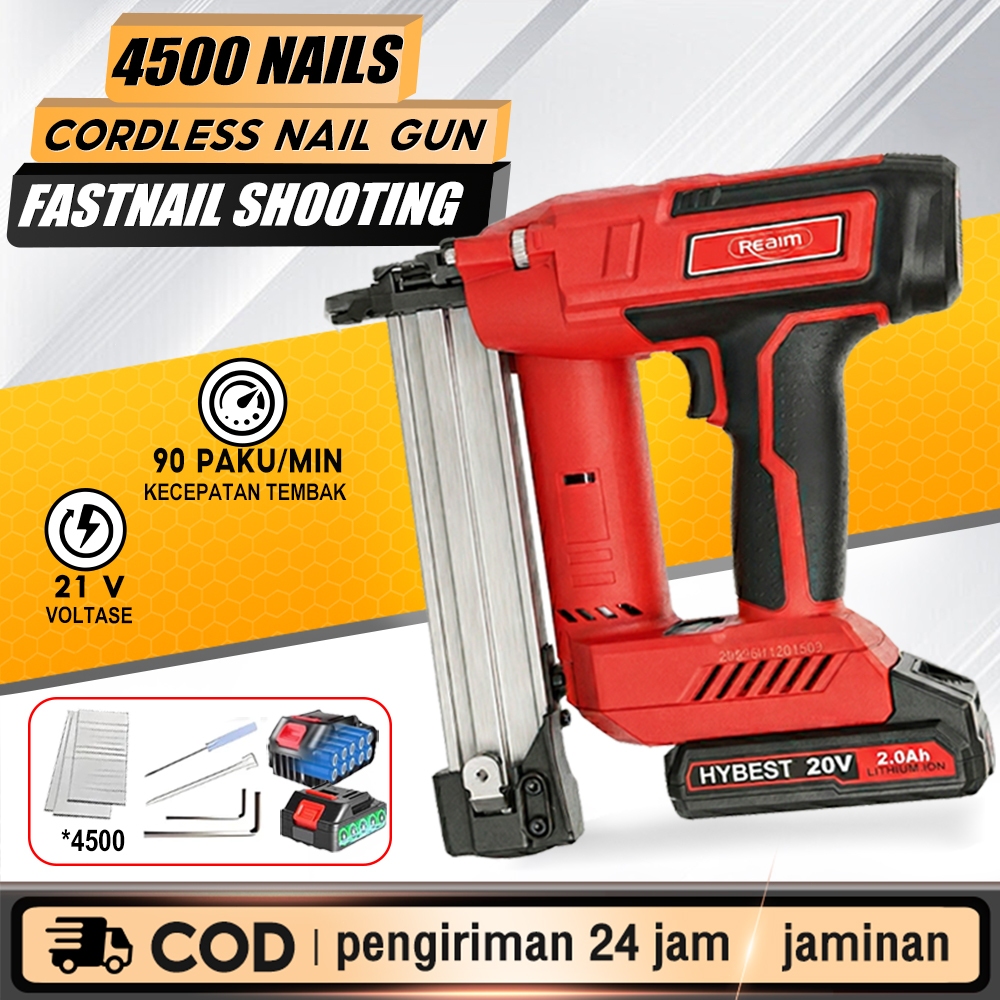 Reaim Mesin Paku Tembak Baterai 20V Paku Tembak kayu F30 Dilengkapi 1500 Paku Brad dan 1 Kunci Lenga