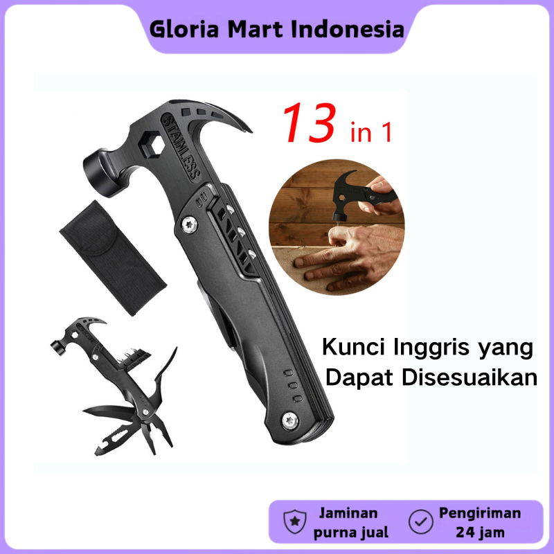 Kunci Inggris Multifungsi EDC Hitam + Tang Pisau Alat Survival Kombinasi 13-in-1 Axe Hammer Palu Ser