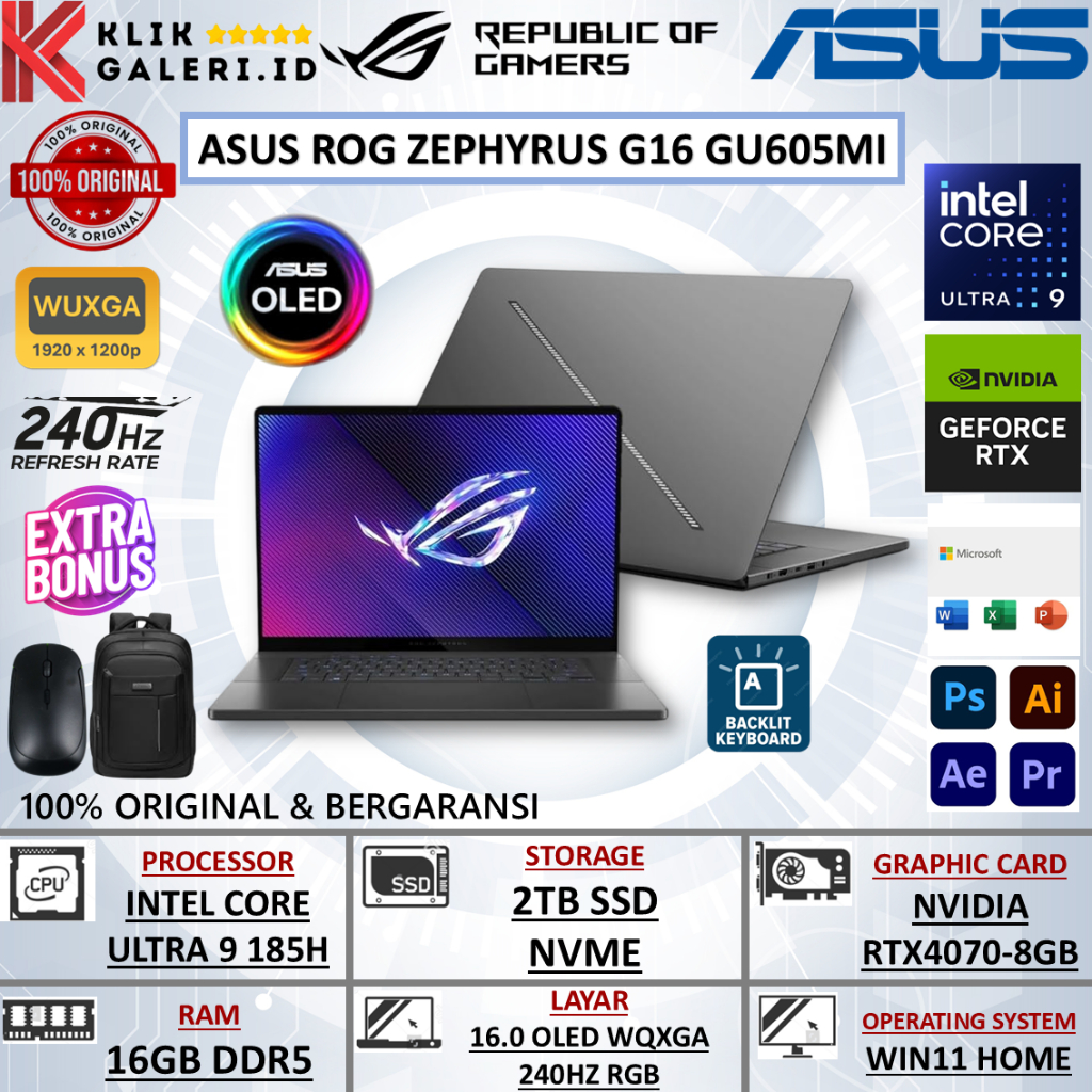 Laptop Gaming ROG ZEPHYRUS G16 Intel Ultra 9 185H Rtx4070 RAM 16GB 2TB Oled 240Hz Windows Terbaru