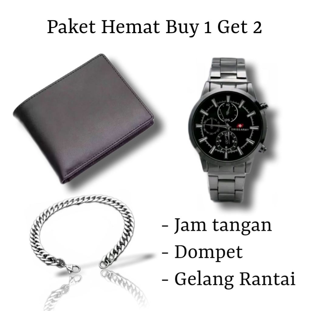 Jam tangan rantai pria kekinian bonus dompet dan gelang rantai