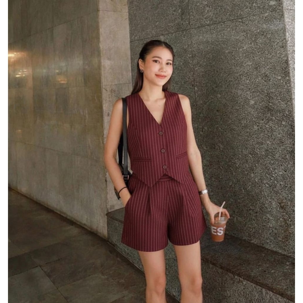 one set/setelan rompi celana pendek bahan cotton gaya style trendy wanita kekinian/Korean style