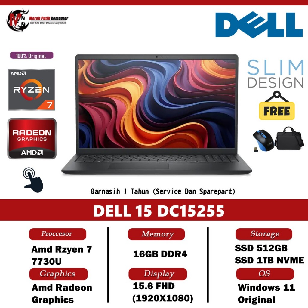 Laptop Dell 15 DC15255 AMD RYZEN 7 7730U 16GB 512GB 15.6 FHD IPS TOUCH Windows 11 Original