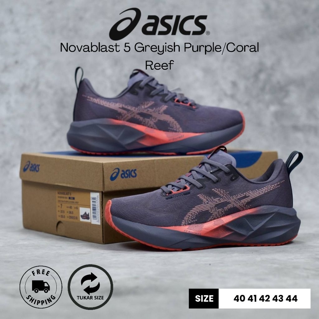 SEPATU RUNNING VOLI ASICS NOVABLAST 5 GREYISH PURPEL/CORAL REF