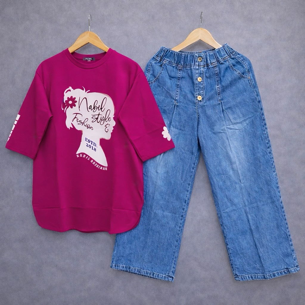 Setelan Kulot Jeans Wanita, Atasan Combed 20S, Celana Kulot Jeans Variasi Kancing, Setelan wanita te