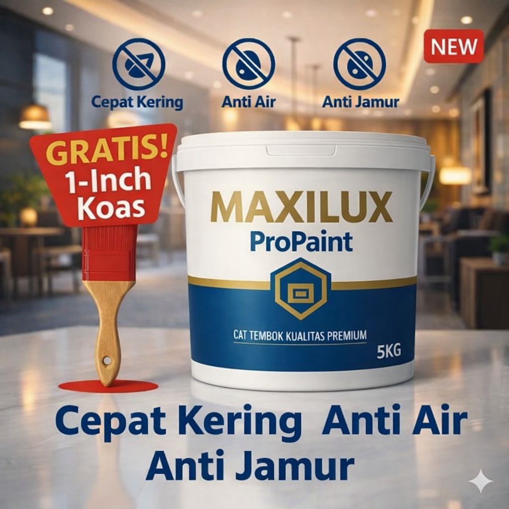Cat Tembok 5KG MAXILUX ProPaint Premium – Cepat Kering, Anti Air & Anti Jamur + Gratis Kuas 1 Inch