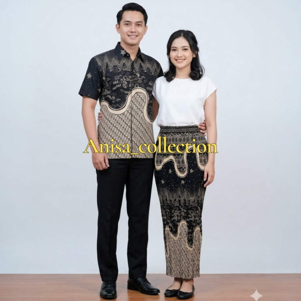Baju batik couple setelan kemeja pria pendek dan rok plisket wanita