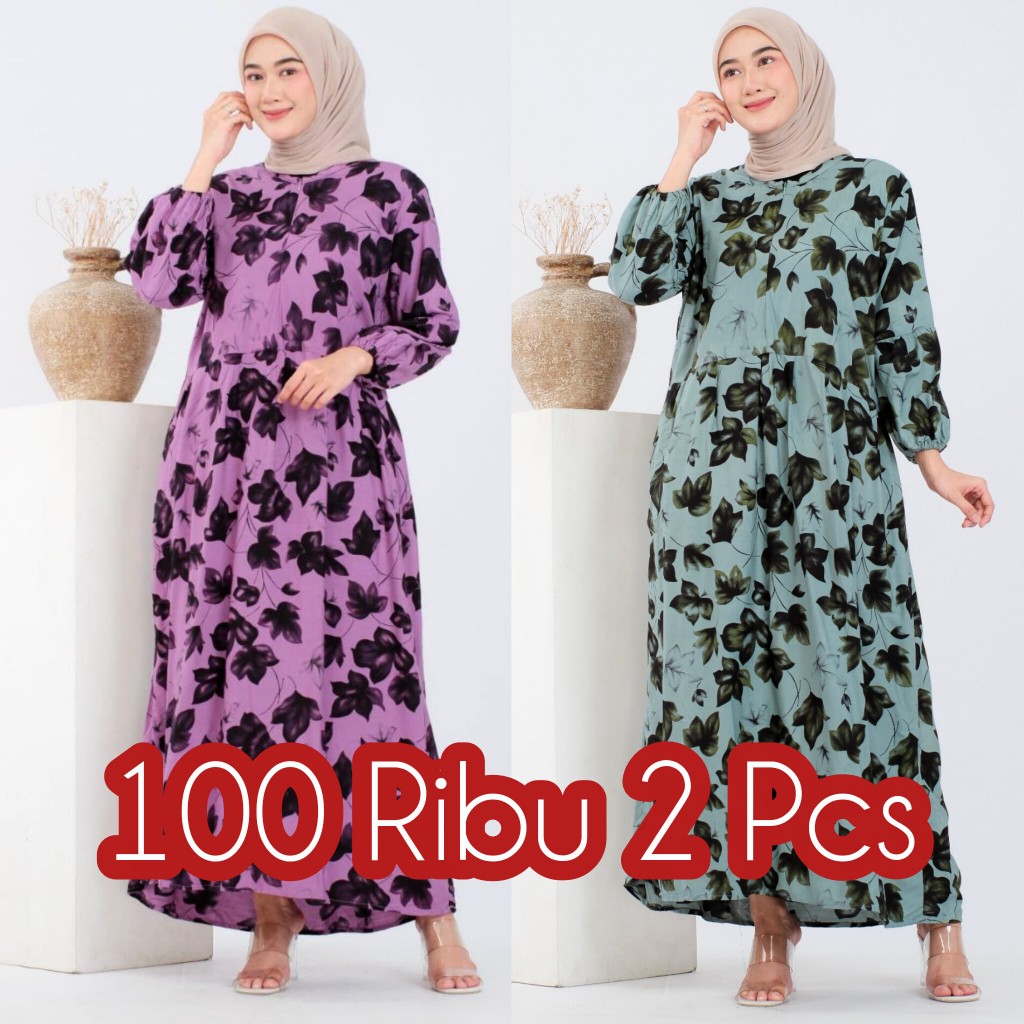 100Ribu 2pcs Gamis Midi Dress Rayon Premium  Resleting Busui Lengan Karet Wanita Muslimah