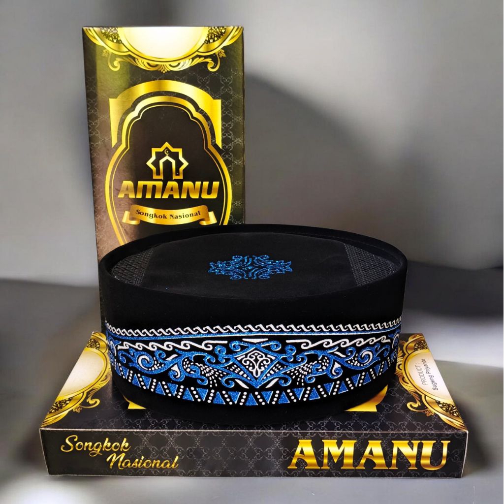 Peci Songkok Hitam motif  Batik Biru AC anak dan Dewasa kopyah kopiah