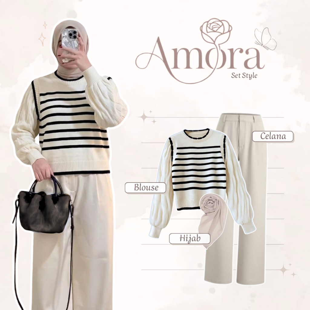 One Set Wanita Kekinian Korea Hijab (Amira Sweater Rajut + Celana Kulot Wanita + Hijab Bella Square)