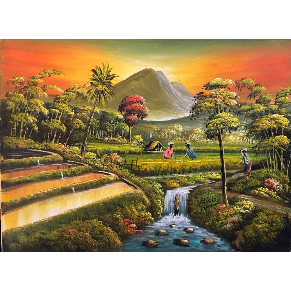 lukisan Pemandangan sawah pallet suasana Sunset, lukisan Canvas, lukisan khas Bali
