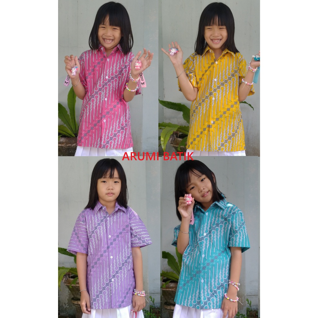 Kemeja Anak Laki Laki Perempuan Batik Seragam Sekolah Pink Kuning Ungu Lilac Hijau Tosca KB TK SD 2 