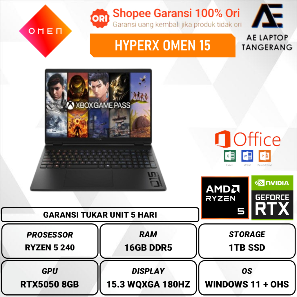 HP HyperX Omen 15 GB0555AX AMD Ryzen 5 240 RTX5050 16GB 1TB W11 OHS 15.3 inch WQXGA 180Hz 100sRGB
