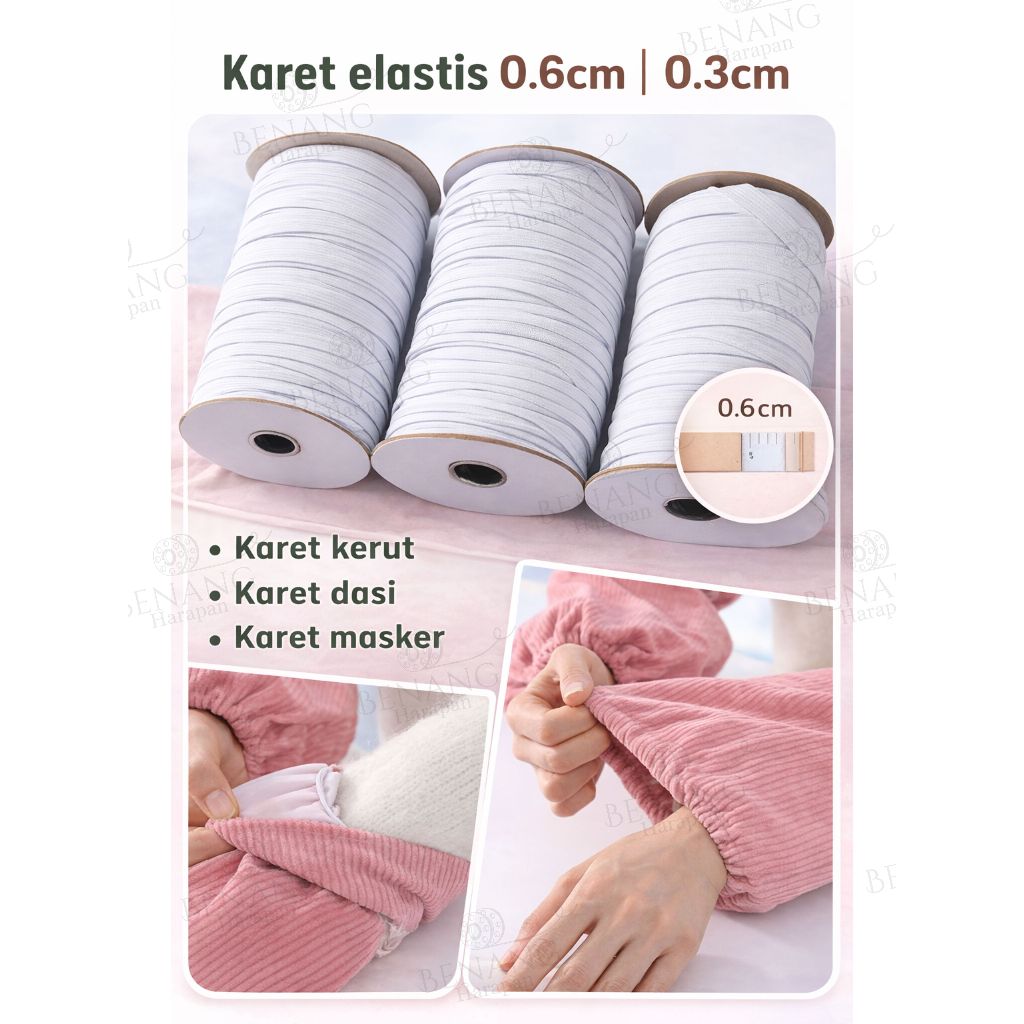 Karet elastis meteran 0.3cm 0.6cm karet baju kerut lengan gelang masker tali karet kolor 1 meter
