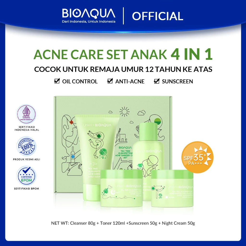 BIOAQUA Skincare Anak 12 Tahun Tree Oligopeptide Anti Acne Set 4pcs Untuk Jerawat Dan Bekas Jerawat 