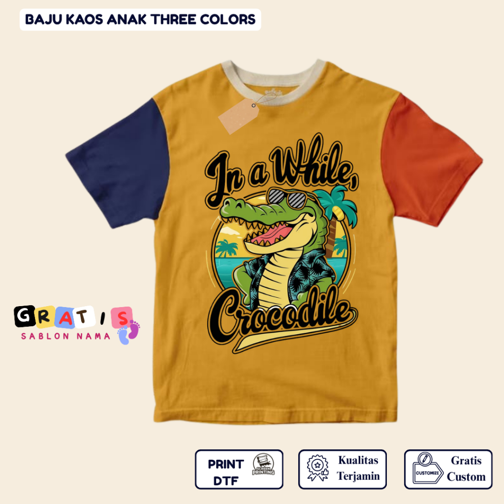 shabira tas  - Kaos Anak CROCODILO  - Kaos Anak Pendek Three Colors Dino - Kaos Anak Sablon Nama