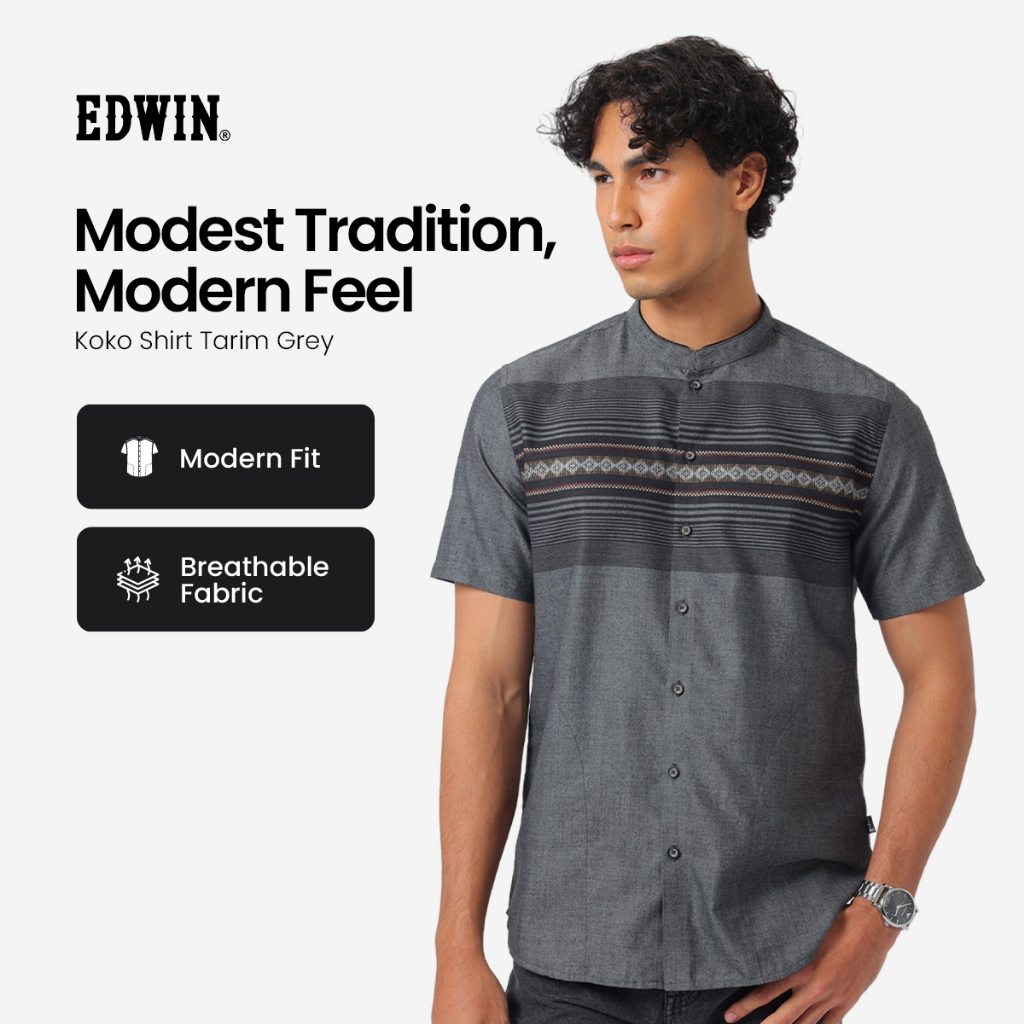 EDWIN JEANS - Kemeja Koko Pria Lengan Pendek TARIM GREY Baju Muslim Pria