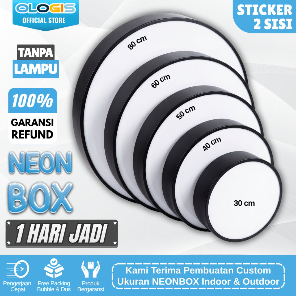 (1 Hari Jadi) Neon Box Akrilik Bulat Polos 2 Sisi Tanpa Lampu 30 40 50 60 CM Plang Logo Toko Usaha
