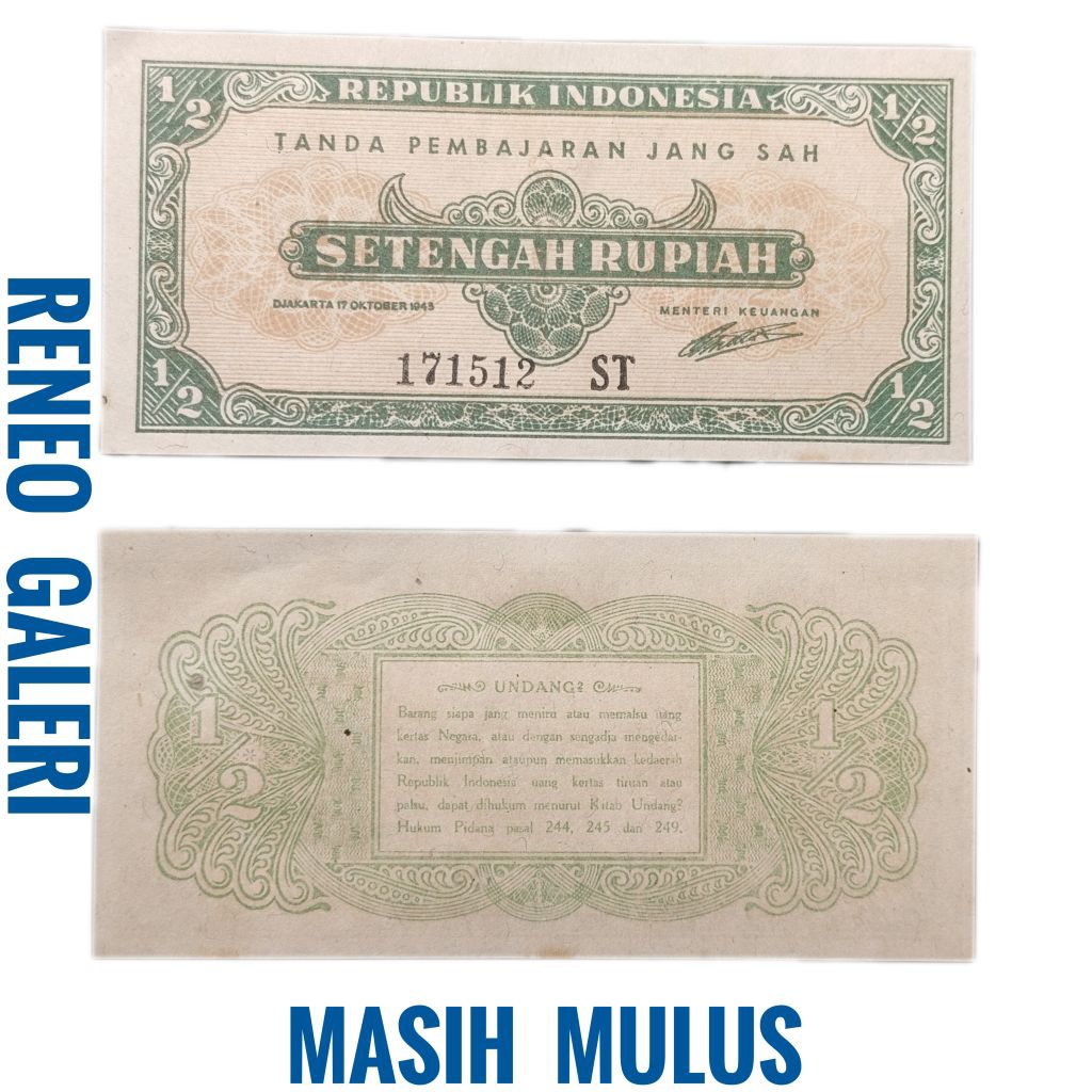 Mulus asli Rp ½ Rupiah Seri ORI tahun 1945 uang kertas pertama Indonesia duit kuno tertua lawas lama