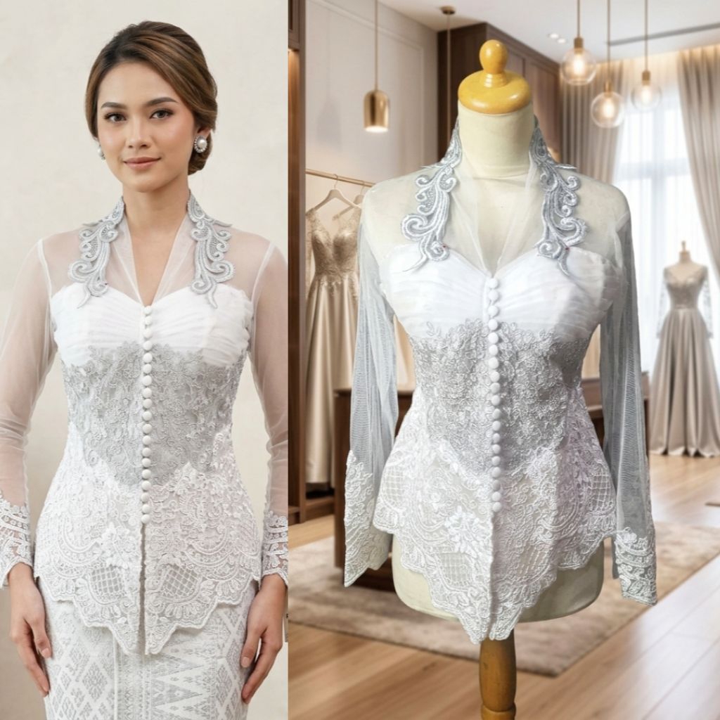KEBAYA PUTIH-SILVER KERAH BORDIR MANUAL,MEWAH NON PAYET UK.L