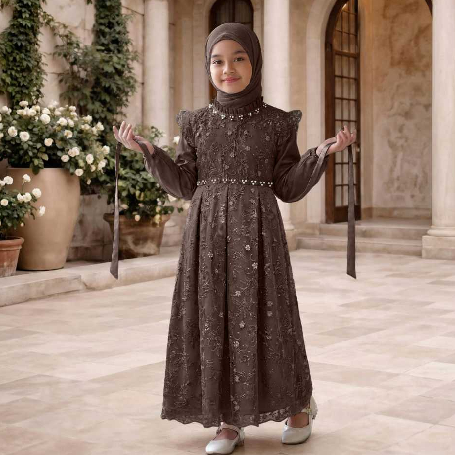 Gamis Anak Perempuan 3-11 Tahun//Gamis Mewah Untuk Acara//Satin Brukat Mutiara