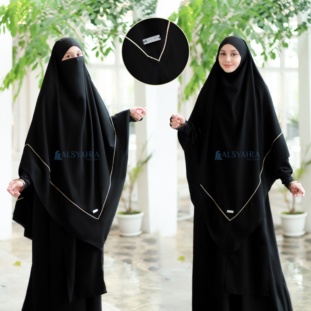 Alsyahra Exclusive French Khimar Lancip V Ayumi List Gold Soft Jetblack Size XL