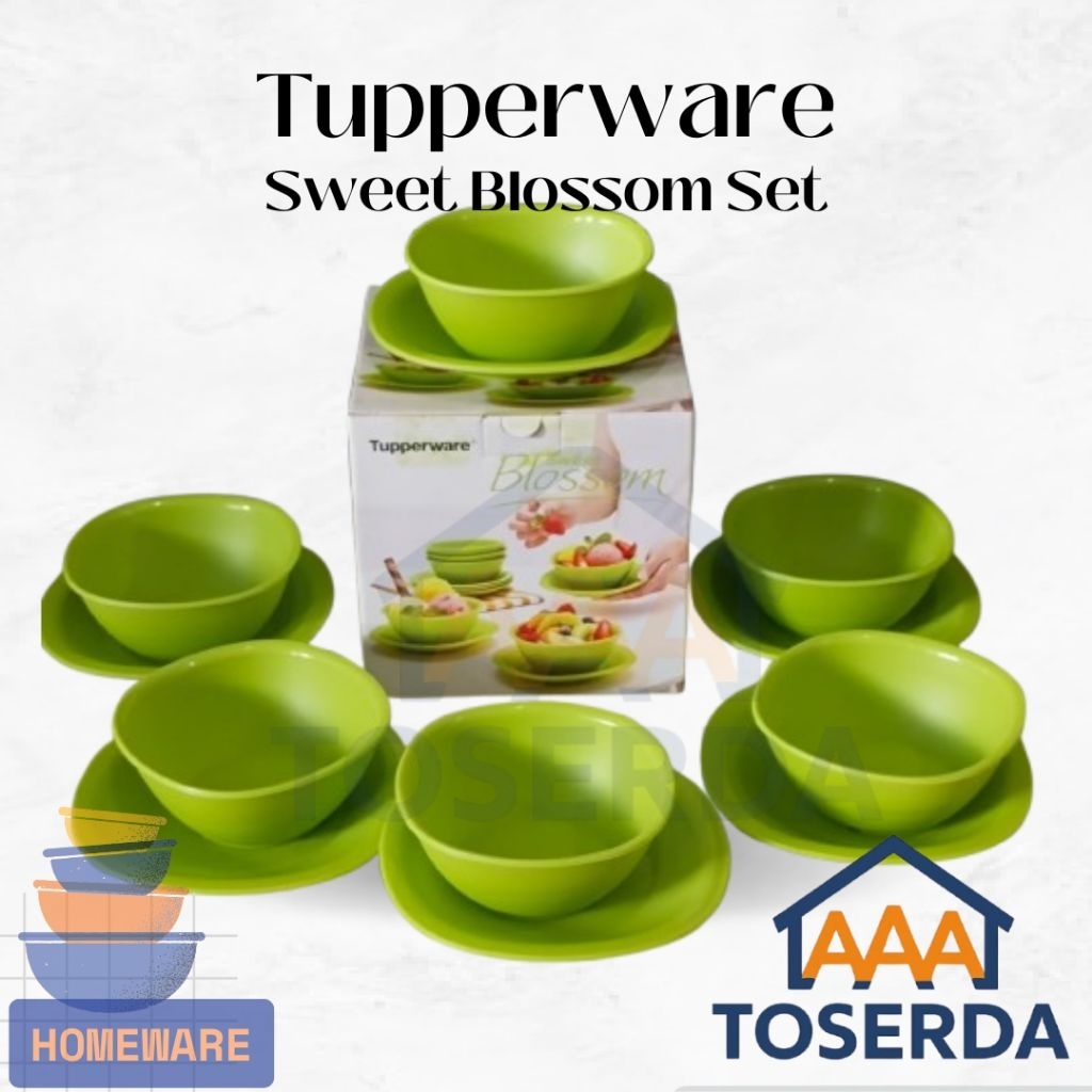 AAA Toserda | Tupperware Sweet Blossom Set 12pcs (6 Mangkuk + 6 Piring) Original Hijau | Dessert Bow