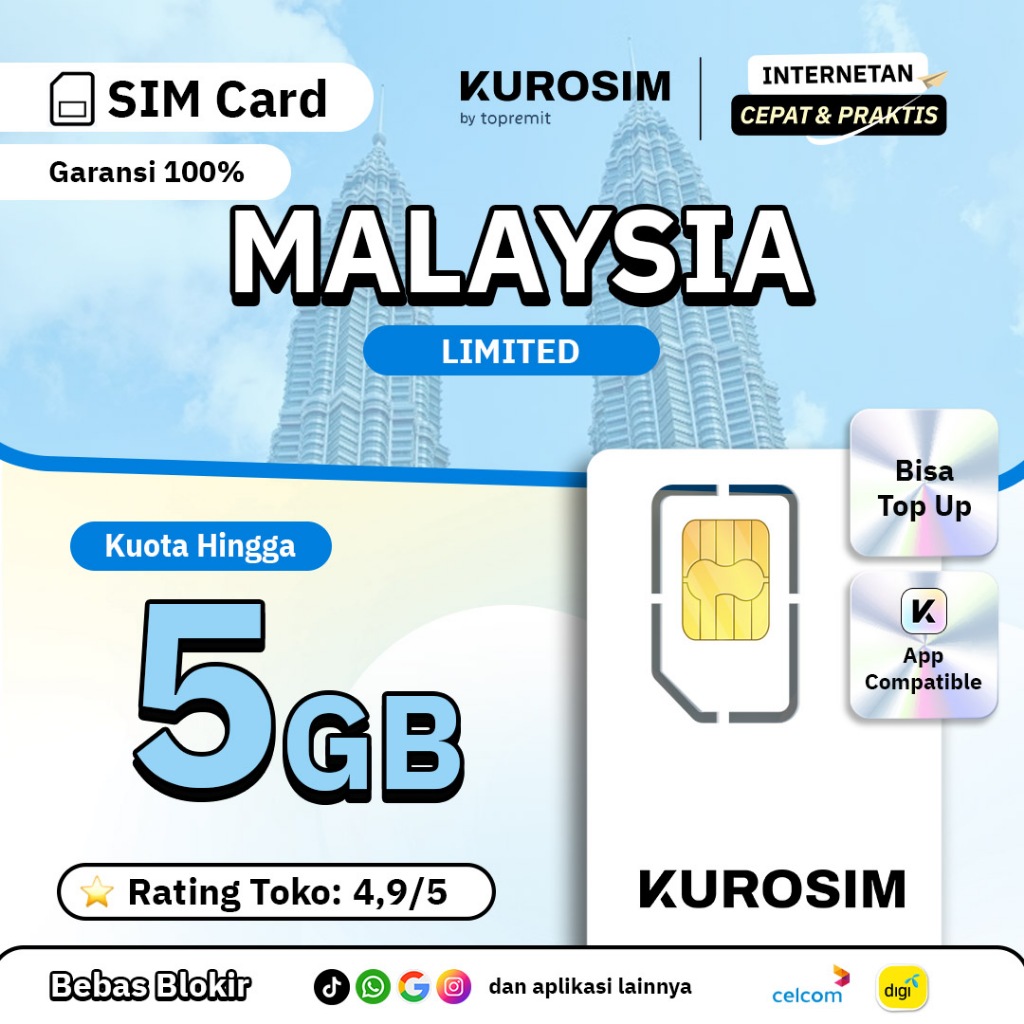 Kartu SIM Malaysia KUROSIM | SIM Card Travel Kuala Lumpur Penang Selangor Johor Baru Celcom Digi 5G