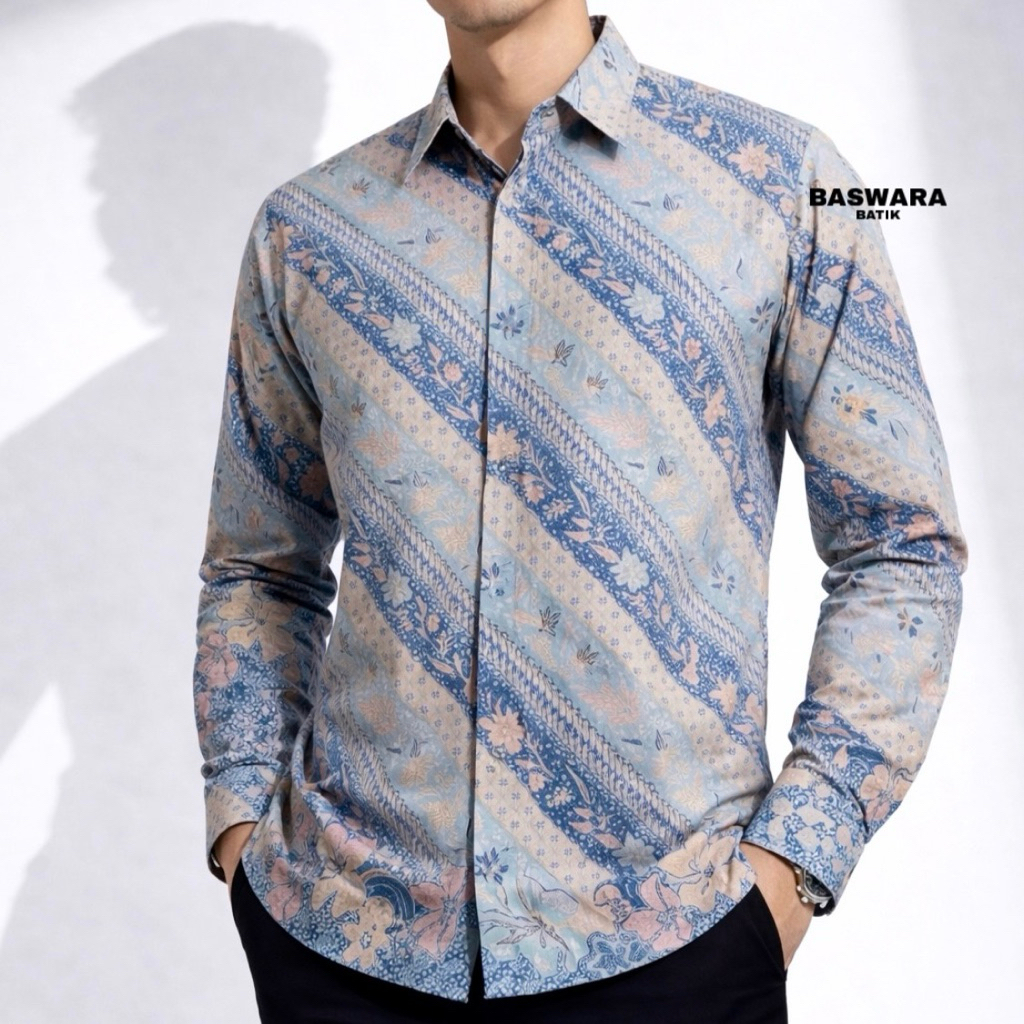 BASWARA Kemeja Pria Batik Prada Lengan Panjang Biru Muda Pink