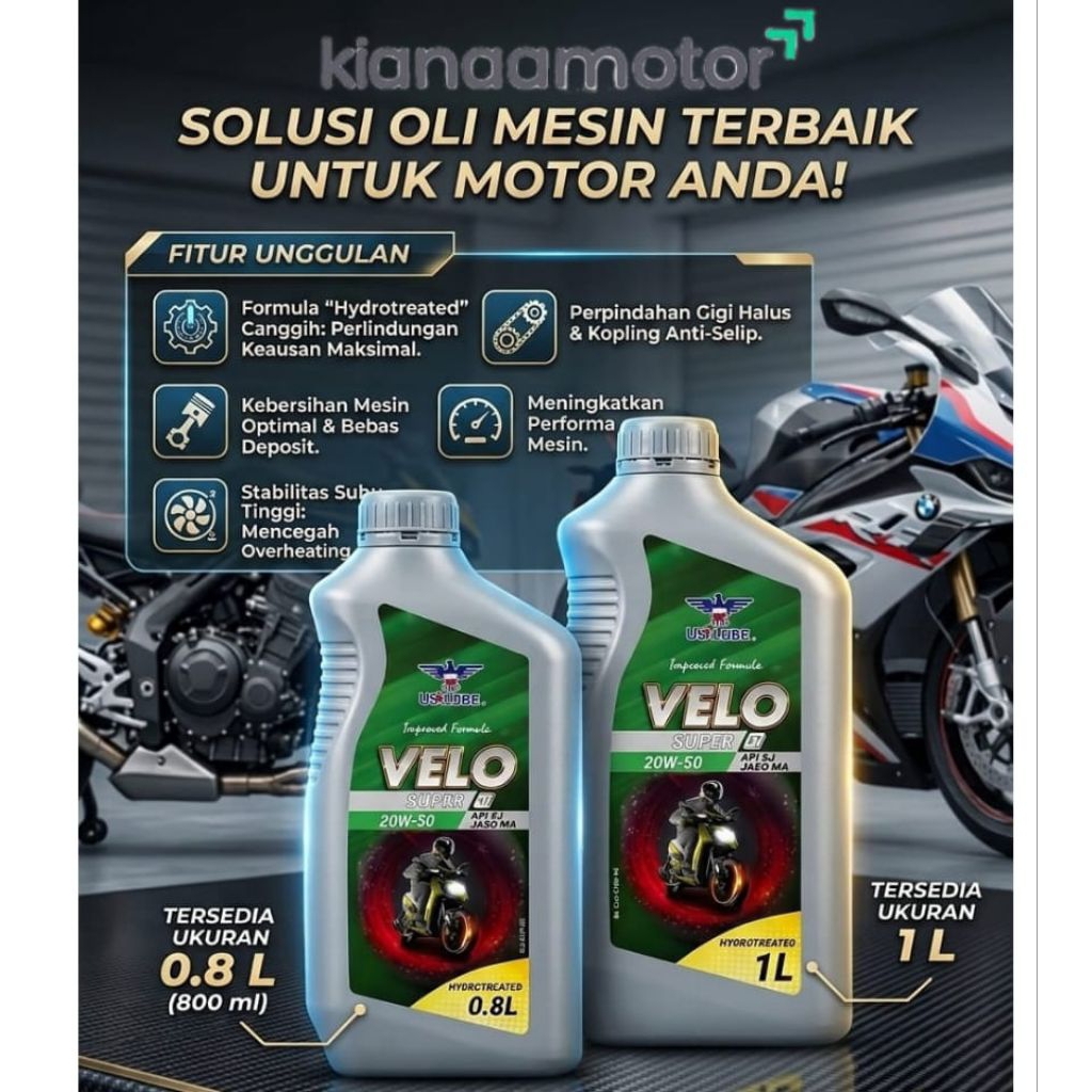 Oli Mesin Motor US LUBE VELO SUPER 4T 20W50 (Ready 0.8 L & 1L) Hydrotreated - Member of REPSOL