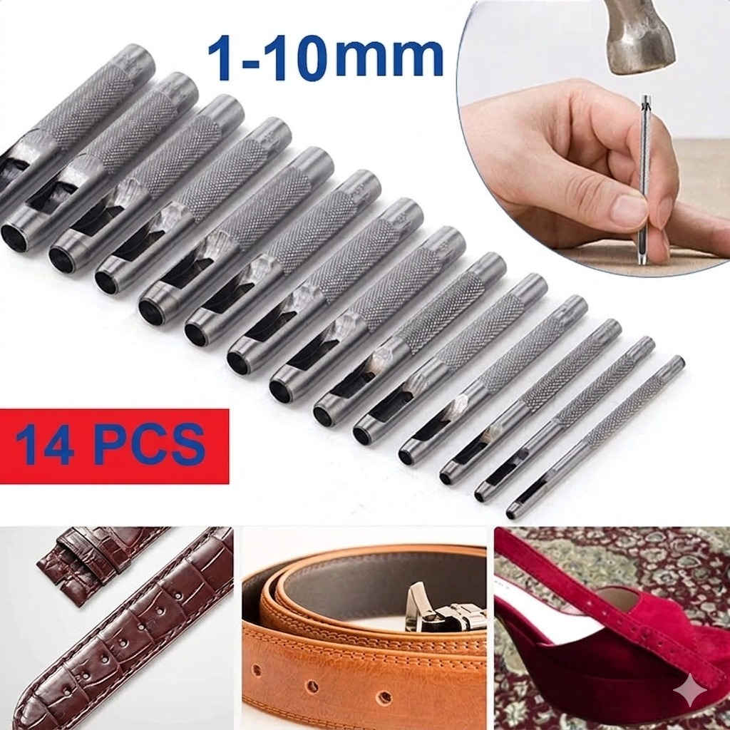 14pcs Alat Pelubang Kulit Set 1-10mm Pelubang Pembolong Kulit Sabuk Bulat Alat Pembolong Sabuk Kulit