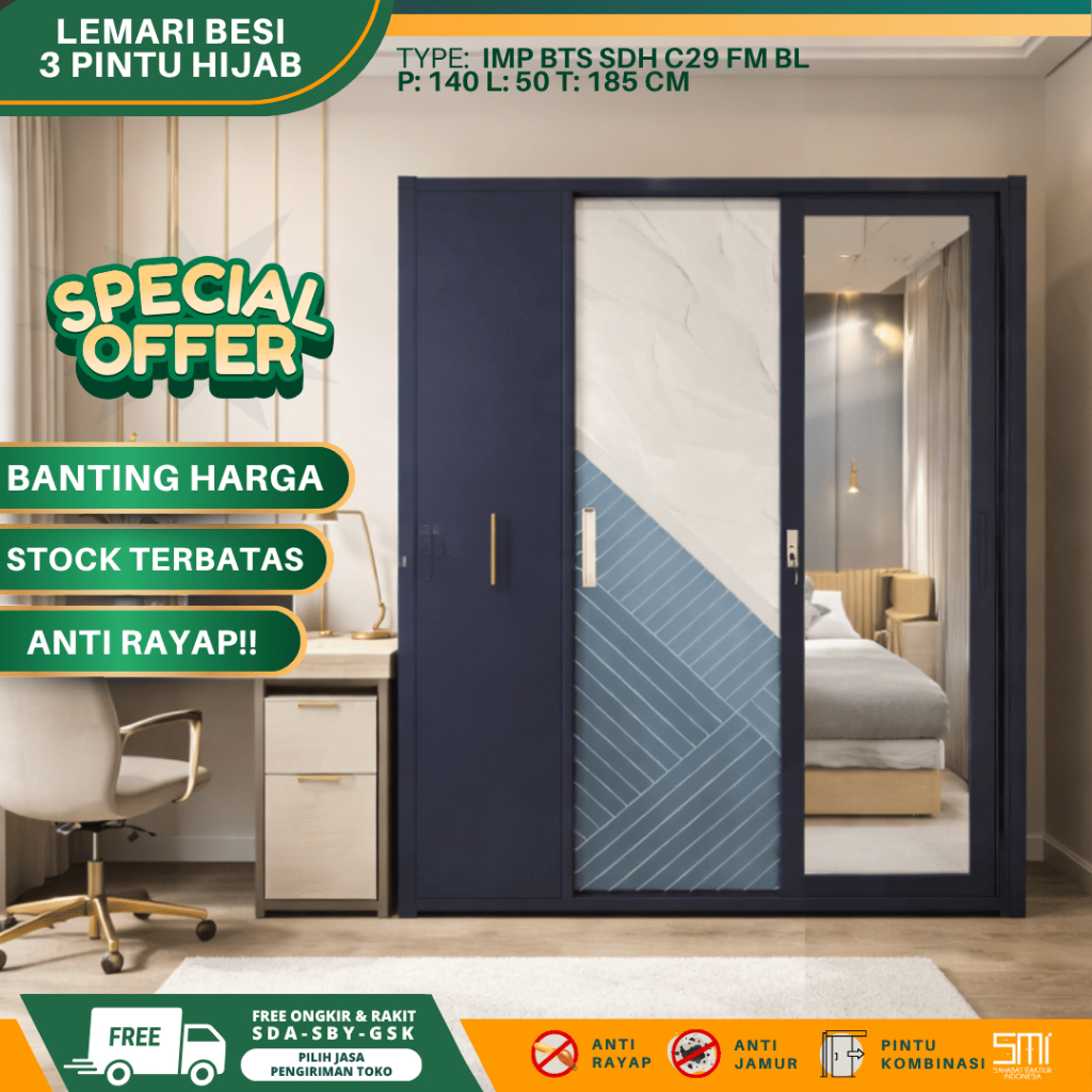 Lemari Besi 3 Pintu Jumbo Hijab - Lemari Baju Lemari Pakaian Sliding Lemari Besi Almari Baju