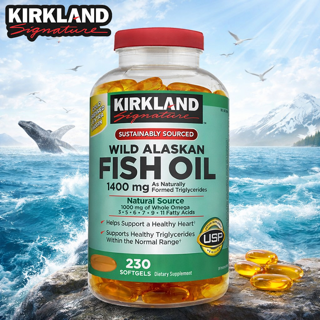 Kirkland Signature Wild Alaskan Fish Oil 1400mg 230 Softgels / Omega-3 Tinggi / Jantung & Otak / USA