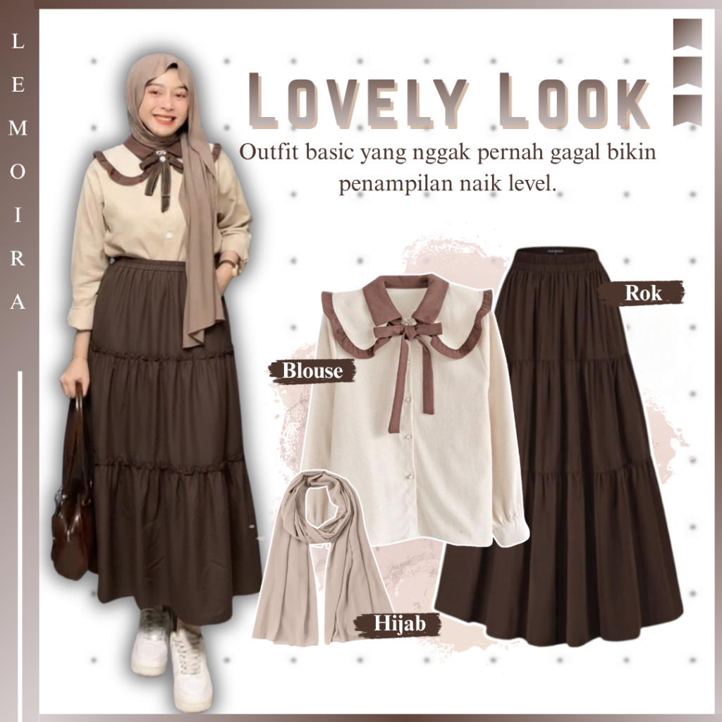Oneset Girly Aesthetic ( Blouse Tali - Rok Susun - Hijab Pasmina ) Brown Soft Elegant Look |LM083