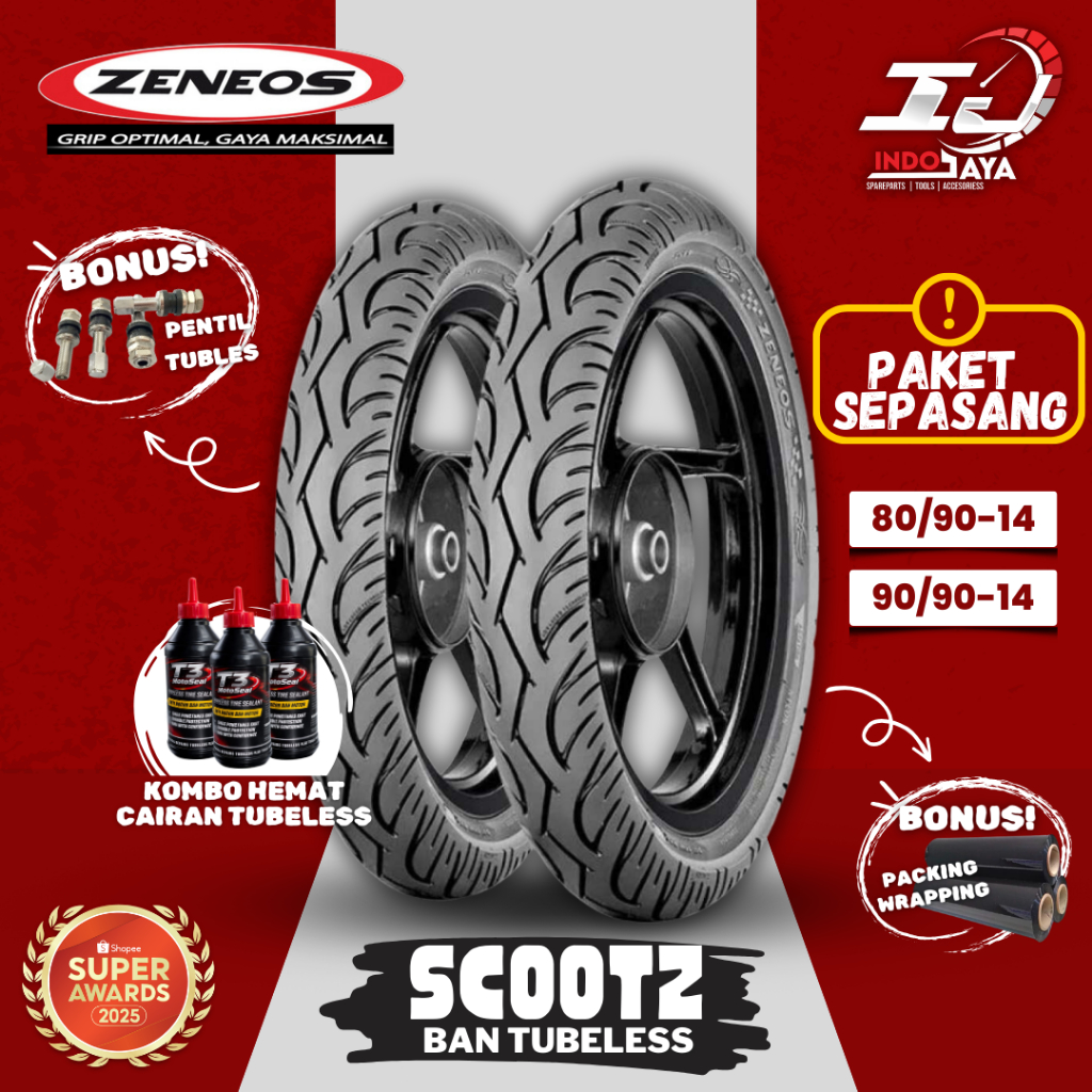 [PAKET SEPASANG] BAN ZENEOS SCOOTZ TUBELESS (80/90-14 & 90/90-14) BAN MATIC DEPAN BELAKANG / BAN LUA
