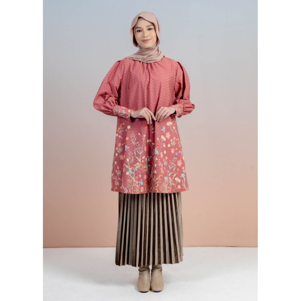 ELZATTA Long Tunik Florentia - Blusoe Baju Wanita Fashion Muslim Atasan Tunik Motif Bunga Wanita
