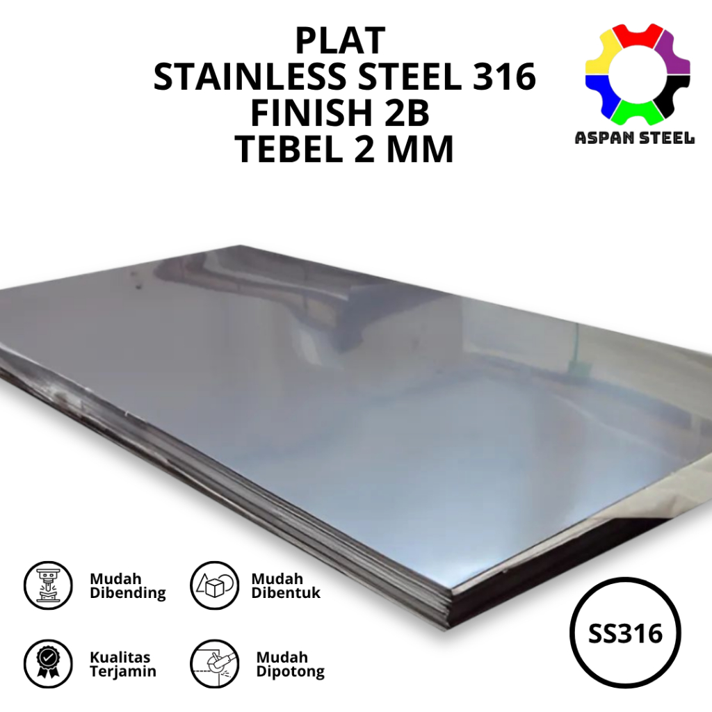 Plat stainless steel lembaran tebel 2 mm x 1220 mm x 2440 mm finish 2b 316