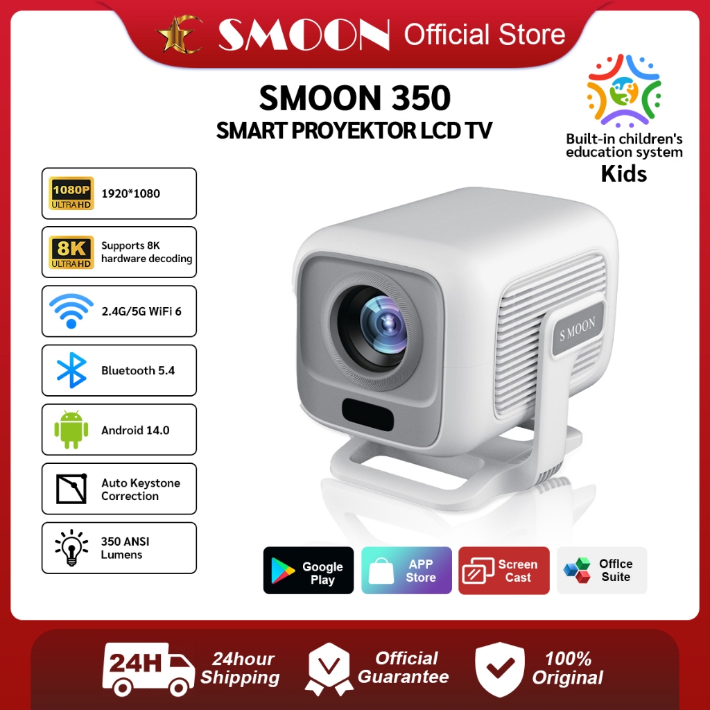 SMOON 350 Projector LCD TV - Proyektor Pintar - 350 ANSI Lumens - TV Android - Fokus Otomatis - Netf