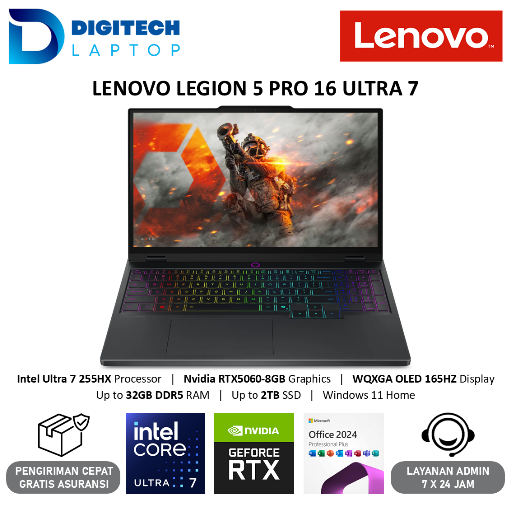 Lenovo Legion 5 PRO 16 Intel Ultra 7 255HX RAM 32GB DDR5 2TB SSD RTX5060 8GB WQXGA OLED 165HZ Win 11