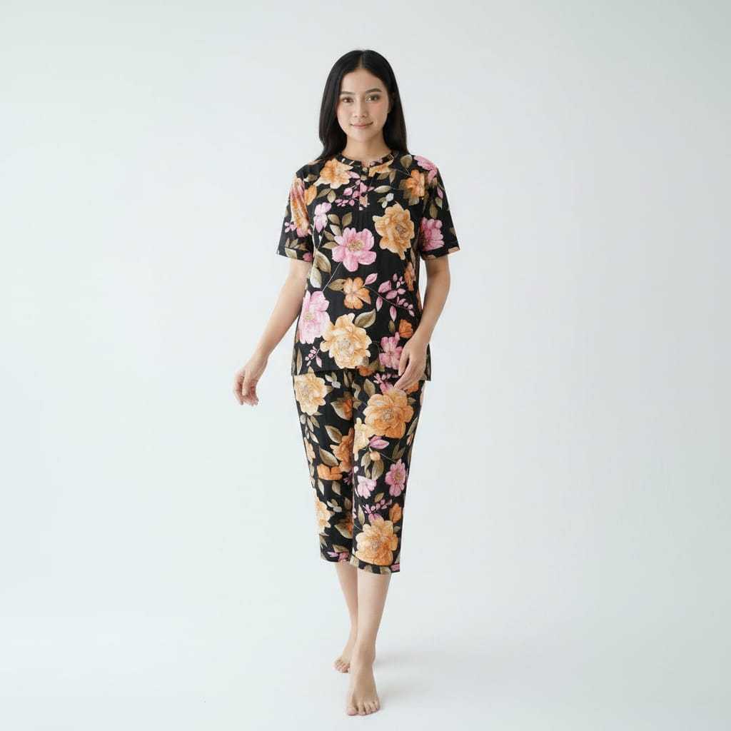 Setelan Piyama Wanita Rayon Motif Bunga | Adem Nyaman Dipakai Seharian Viral Shopee
