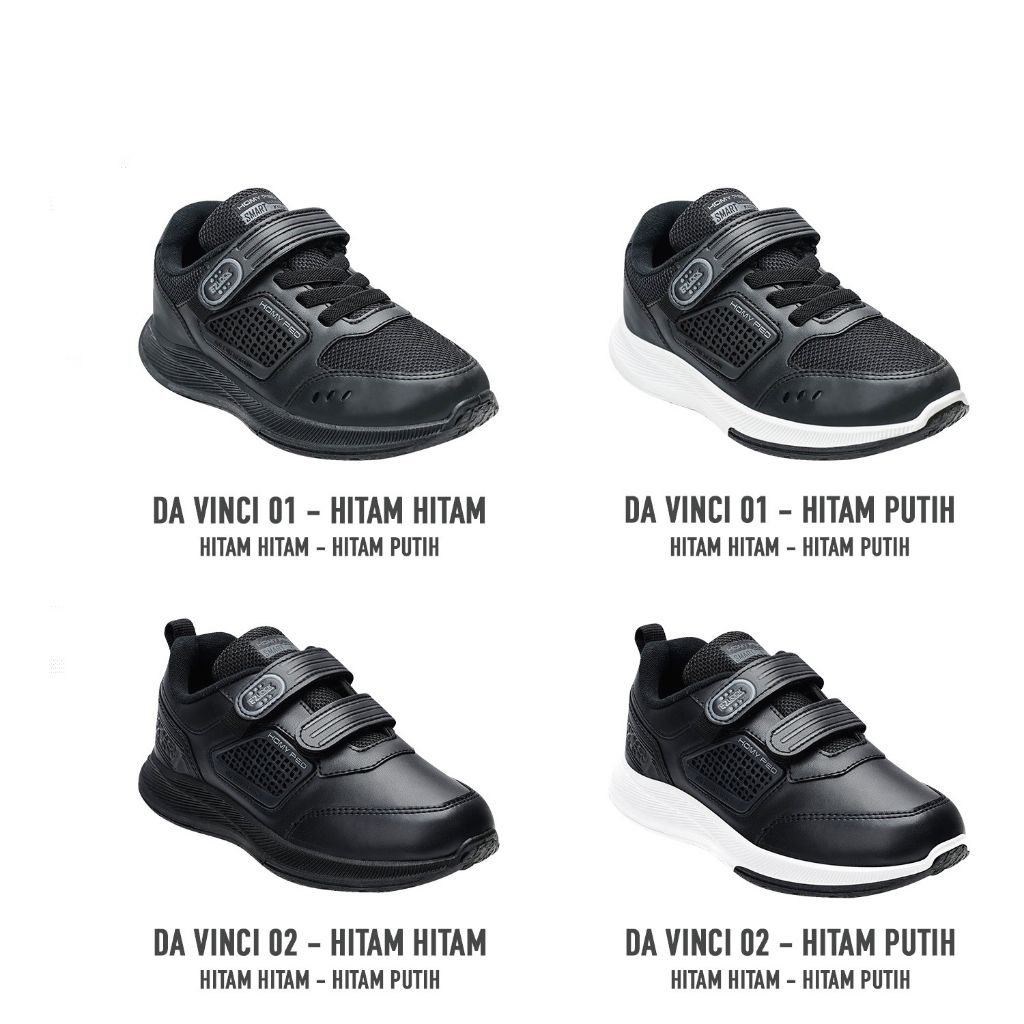 Homyped Davinci Sepatu Sekolah Anak 31-38 Sneakers Hitam Polos Putih Perekat Strap Velcro Original