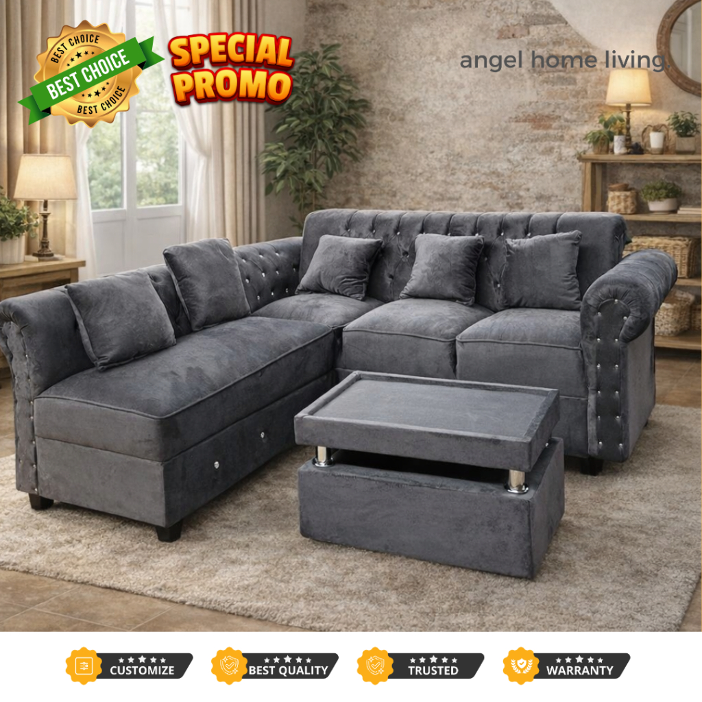 Sofa Minimalis L Kancing Bludru Velboa