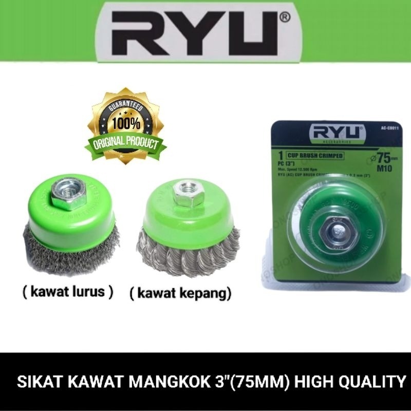 Ryu by Tekiro Sikat Kawat Mangkok 3 Inch 75mm M10 Wire Brush Cup Gerinda Tangan Pembersih Karat Cat 