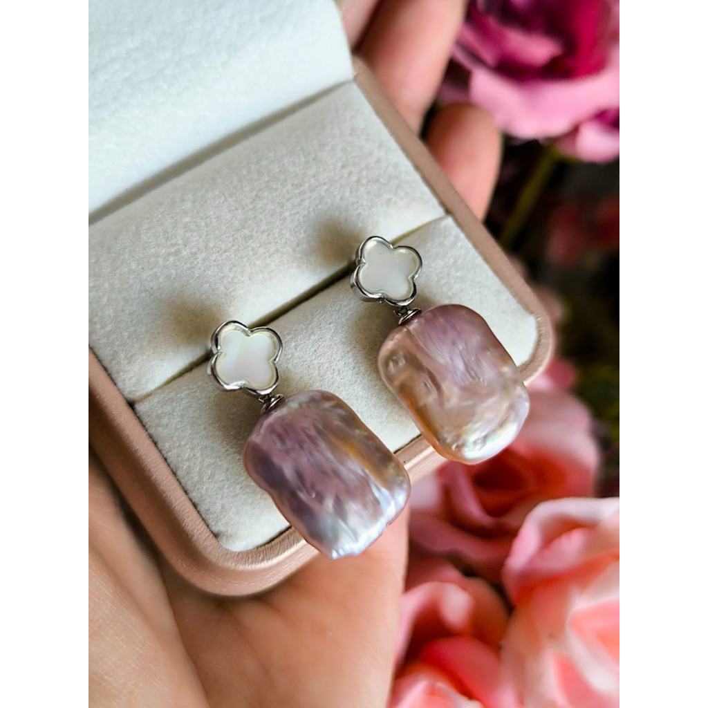 Giwang rhodium Mutiara tawar keshi