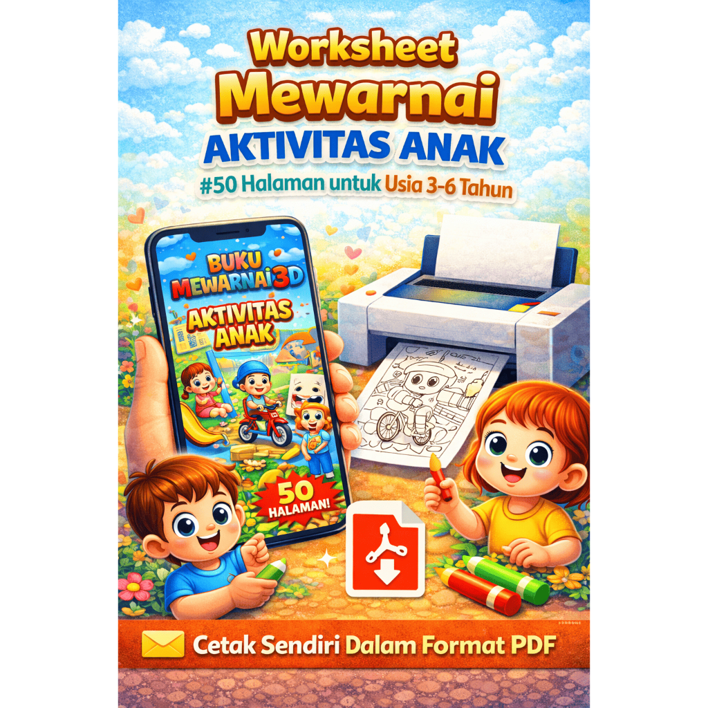Worksheet Anak PDF Mewarnai Aktivitas Anak 50 Halaman Printable Coloring Book Usia 3–6 Tahun