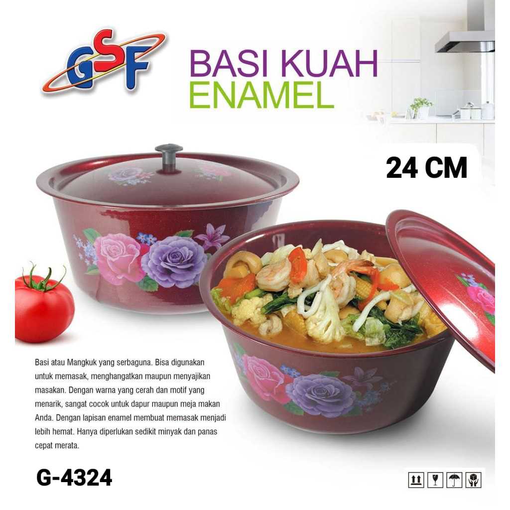 Baskom Kuah Tutup Enamel 24cm GSF / Baskom Enamel Motif Bunga